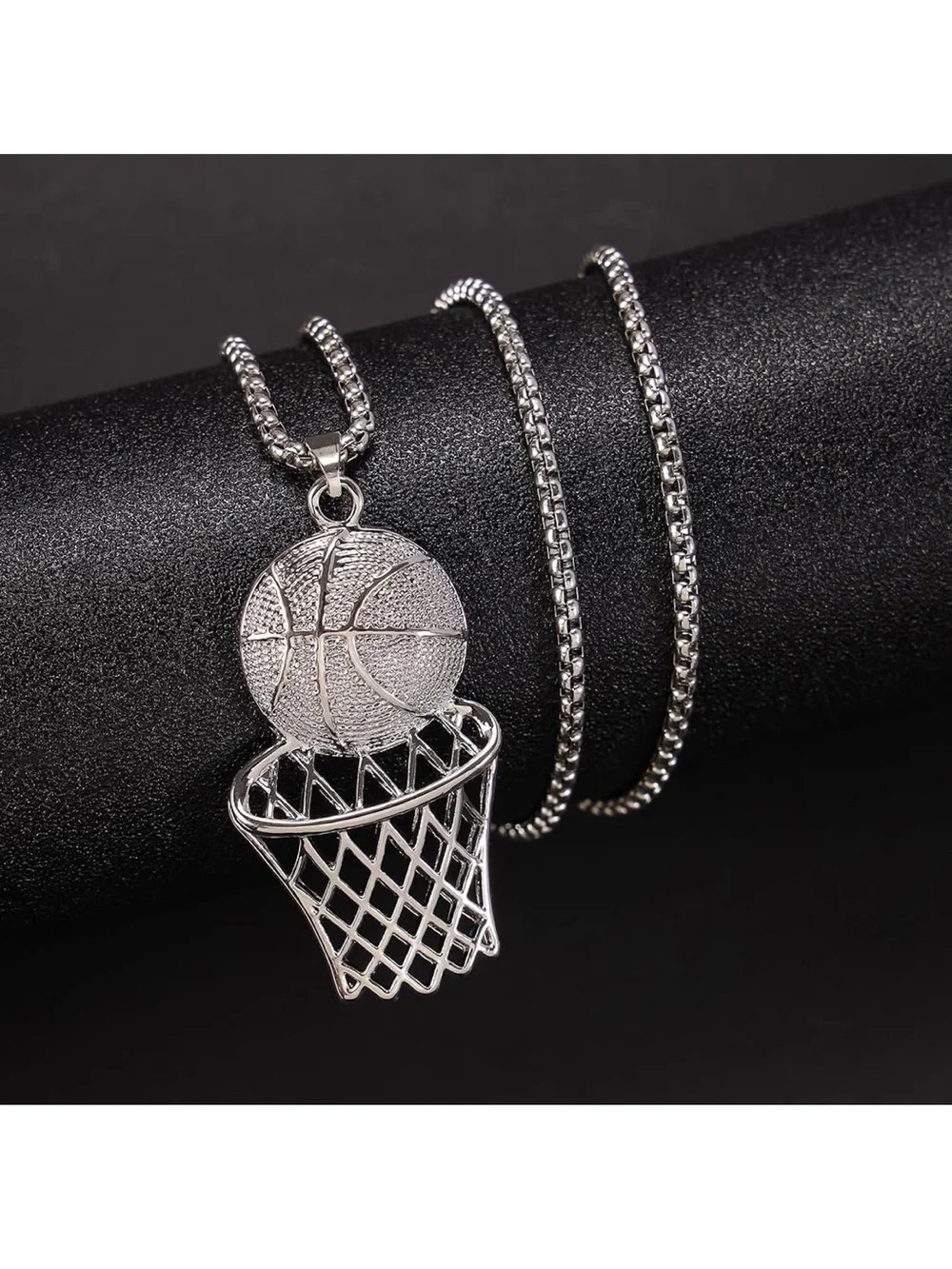 Silver Basketball Hoop Pendant Necklace - Sporty Silver Charm C51